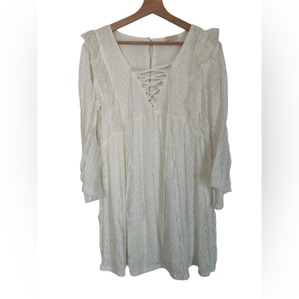 POL Dress Small Ivory Lace Ruffle Bell Sleeve Lace up Fairy Cottage Romantic